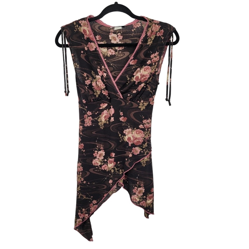 Vtg Sheer Baby Doll Top Sz M Brown Floral‎ Feminine Dark Fairy Grunge Coquette